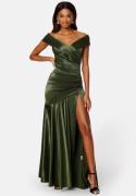 Goddiva Satin Bardot Pleat Maxi With Split Olive XXS (UK6)