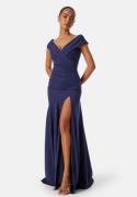 Goddiva Bardot Pleat Maxi Split Dress Dark blue XXL (UK18)