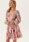 Goddiva Floral Long Sleeve Tiered Skater Dress Peach Floral XS (UK8)