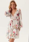 Goddiva Floral Long Sleeve Tiered Skater Dress White Floral M (UK12)