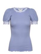 Organic T-Shirt W/ Lace Blue Rosemunde