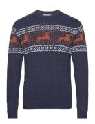 Slhreindeer Ls Cable Knit Crew Ex Navy Selected Homme
