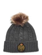 Crest-Patch Pom-Pom Cable-Knit Beanie Grey Lauren Ralph Lauren