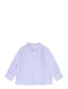 Striped Mandarin-Collar Linen Shirt Blue Mango