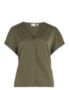 Viellette V-Neck S/S Satin Top - Noos Khaki Vila