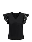 Onllou Life Emb S/S Frill Top Wvn Black ONLY
