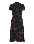 Print Belted Georgette Puff-Sleeve Dress Navy Lauren Ralph Lauren