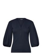 Rib-Knit Balloon-Sleeve Henley Top Navy Lauren Ralph Lauren