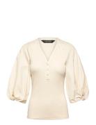Rib-Knit Balloon-Sleeve Henley Top Cream Lauren Ralph Lauren