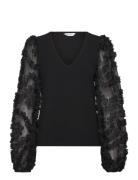 3D Floral Sleeve V-Neck Top Black Bubbleroom