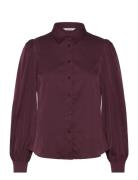 Puff Sleeve Satin Shirt Burgundy Bubbleroom