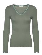 Rwbeatha Silk V-Neck Satin Tape T-S Green Rosemunde