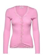 Rwbabette Silk Ls V-Neck Lace Cardi Pink Rosemunde