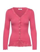 Rwbabette Silk Ls V-Neck Lace Cardi Pink Rosemunde