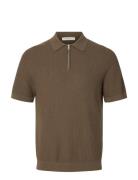 Slmcran Ss Knit Structure Zip Polo Noos Brown Selected