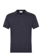 Knitted S/S Cable V-Neck Polo Navy Lindbergh