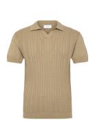 Knitted S/S Cable V-Neck Polo Khaki Lindbergh