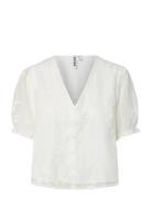 Pcmagina Ss V-Neck Top Wvn D2D White Pieces
