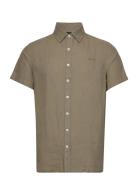 Linen Shirt Short Sleeve Tops Shirts Short-sleeved Khaki Green Sebago