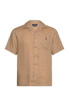 Classic Fit Linen Camp Shirt Tops Shirts Short-sleeved Khaki Green Pol...