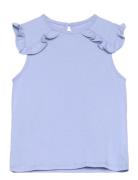 Frills Cotton T-Shirt Tops T-shirts Short-sleeved Blue Mango