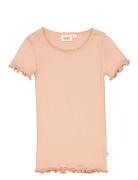 Rib T-Shirt Lace Ss Tops T-shirts Short-sleeved Pink Wheat