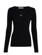 Woven Label Tight Sweater Tops T-shirts & Tops Long-sleeved Black Calv...