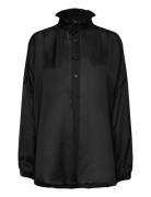 Ruffled-Collar Silk-Blend Tunic Tops Blouses Long-sleeved Black Polo R...