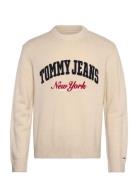 Tjm Reg Varsity Crew Sweater Ext Tops Knitwear Round Necks Cream Tommy...