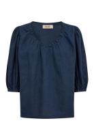 Mmtaissa Linen Blouse Tops Blouses Short-sleeved Navy MOS MOSH