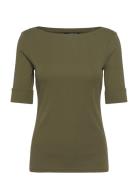 Stretch Cotton Boatneck Tee Tops T-shirts & Tops Short-sleeved Green L...