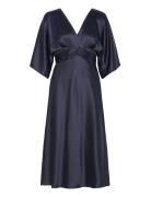 Juno V-Neck Satin Midi Dress Designers Knee-length & Midi Navy Malina