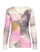 Mesh Top In Liqued Flower Print Tops T-shirts & Tops Long-sleeved Pink...