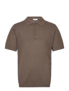 Crochet Knitted S/S V-Neck Polo Tops Polos Short-sleeved Brown Lindber...