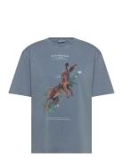Washed Artwork Loose T-Shirt Tops T-shirts & Tops Short-sleeved Blue S...