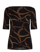Belting-Print Cotton-Blend Boatneck Tee Tops T-shirts & Tops Short-sle...