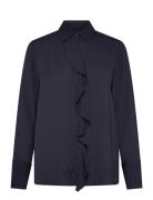Reg Crepe Viscose Ruffle Blouse Tops Shirts Long-sleeved Navy GANT