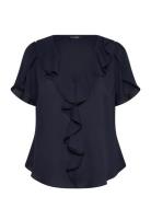 Ruffle-Trim Georgette Blouse Tops Blouses Short-sleeved Navy Lauren Ra...