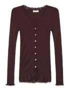 Rwbabette Silk Ls V-Neck Lace Cardi Tops Knitwear Cardigans Brown Rose...