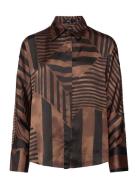 Striped Satin Blouse Tops Shirts Long-sleeved Brown Mango