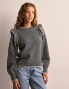 Selected Femme - Harmaa - Slfalva Frills Ls Knit O-Neck